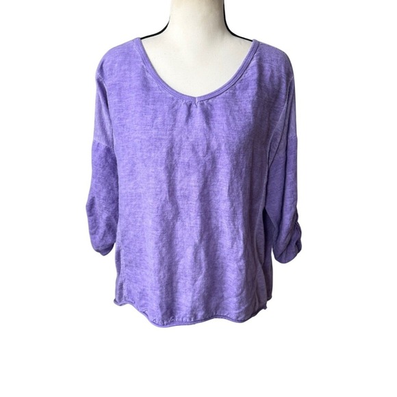 Kaktus Tops - Kaktus Linen Top Purple Relaxed Fit Boho Artsy Lagenlook Roll Tab Sleeves Lg